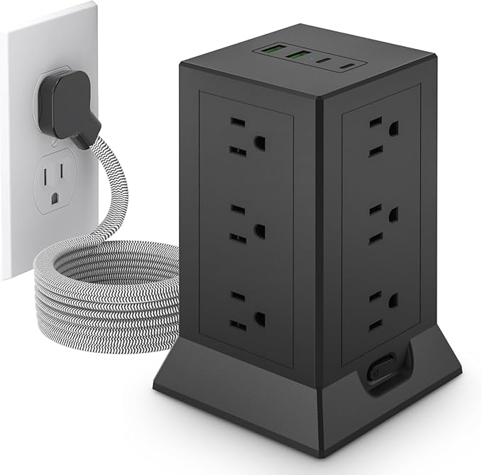 Power Strip Tower with Multiple Outlets, 10 Ft Extension Cord Flat Plug with 12 by HOZZX