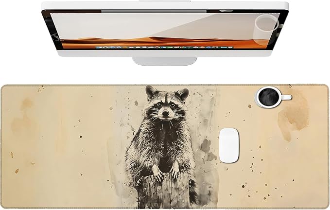 Vintage Raccoon Gaming Mouse Pad, Large Office Desk Mat, Anti-Slip Rubber Base by Unknown