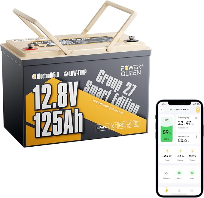 Power Queen 12.8V 125Ah Bluetooth LiFePO4 Battery, Group 27 Size &1600Wh Energy by PowerQueen