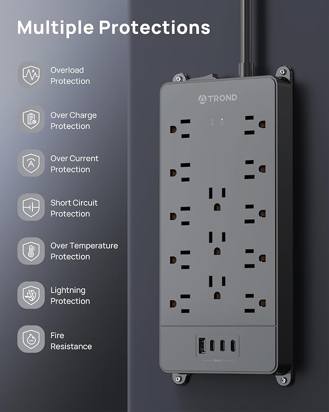 TROND 360° Rotating Flat Plug, Surge Protector Power Strip, 13AC Widely Spaced - Image 8