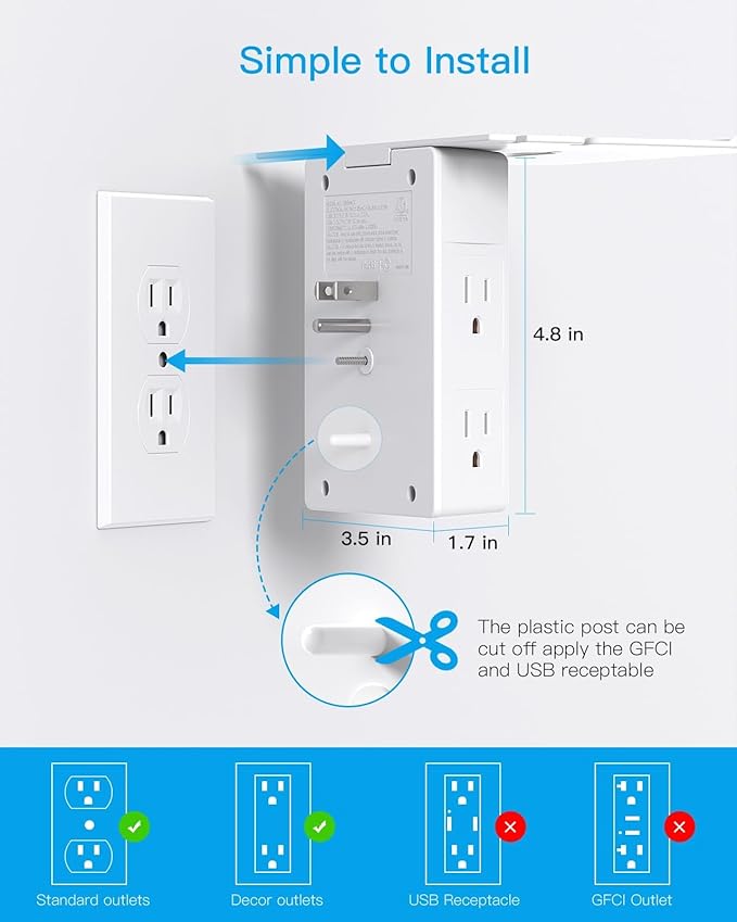 One Beat Surge Protector Wall Outlet Extender, 5 Outlets & 4 USB Ports - Image 7