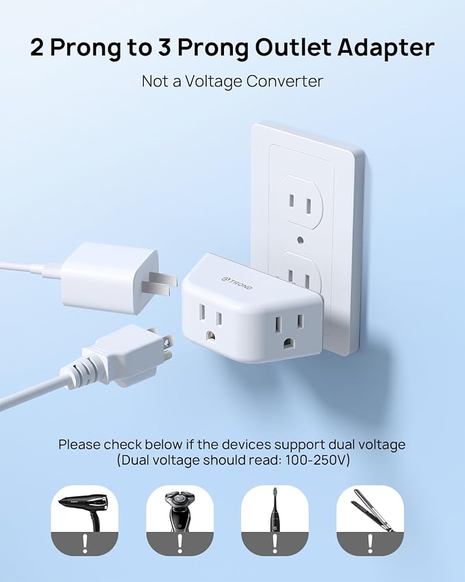 TROND 2 Prong to 3 Prong Outlet Adapter, 3-Way Angled Plug Extender - Image 7