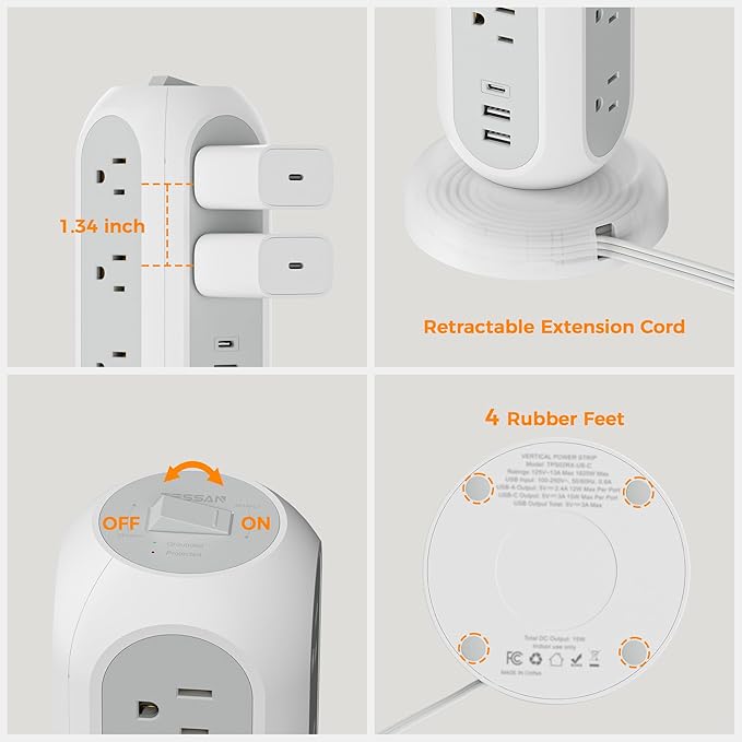 Surge Protector Power Strip Tower, TESSAN 5 FT Retractable Extension Cord - Image 8