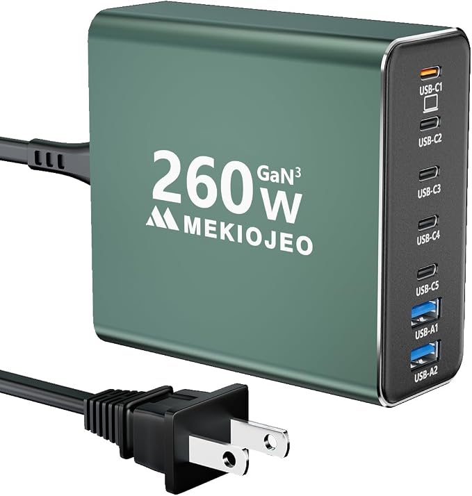 Aluminum Alloy USB C Charger 260W GaN Fast USB C Charging Station 7 Ports 65W by MEKIOJEO