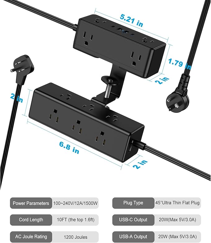 Dual Layer Desk Clamp Power Strip, Under Desk Power Strip - Image 7