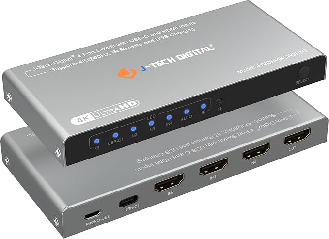 J-Tech Digital 4K 60Hz 4x1 HDMI & USB-C Switch | 3 HDMI + 1 USB-C Input by J-TechDigital