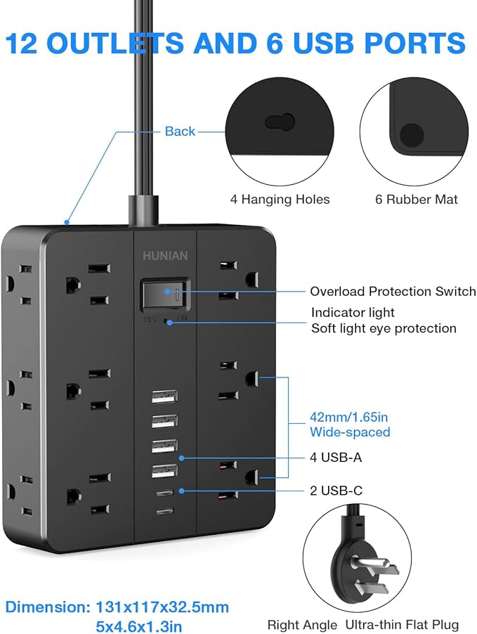 Flat Plug Surge Protector Power Strip, HUNIAN 12 Widely Spaced Outlets - Image 7