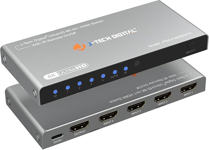J-Tech Digital HDMI Switch 4K 120hz, 2.1 Switch 4 in 1 Out, 8K 60Hz 1080P 240Hz by J-TechDigital