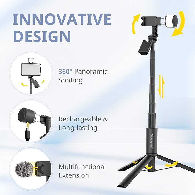 Sensyne Selfie Stick with Light, Phone Tripod with 360° Rotatable Handle - Image 4