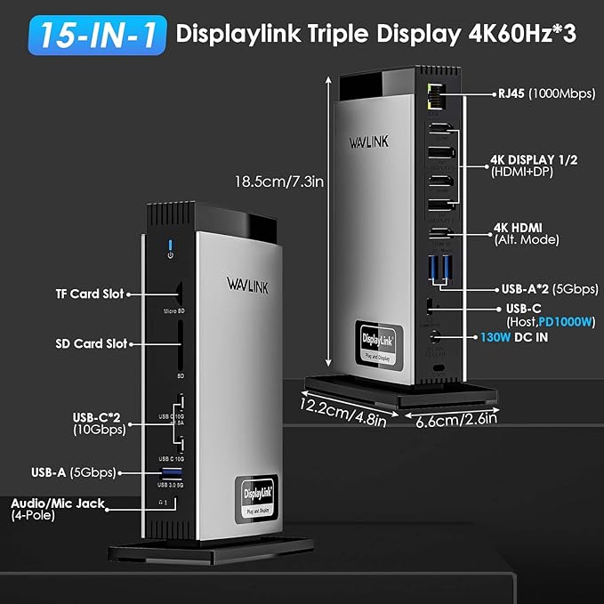 WAVLINK USB C DisplayLink Docking Station 15 in 1 - Image 2