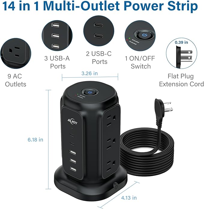 AiJoy Flat Plug Power Strip Tower - Image 2