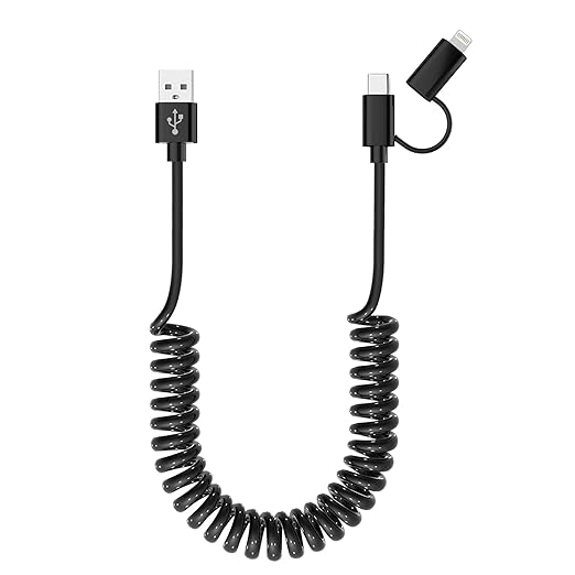 USB to USB-C and Lightning Cable Combo 2 in 1 Coiled Cable Support Apple by KETAKY+Plus