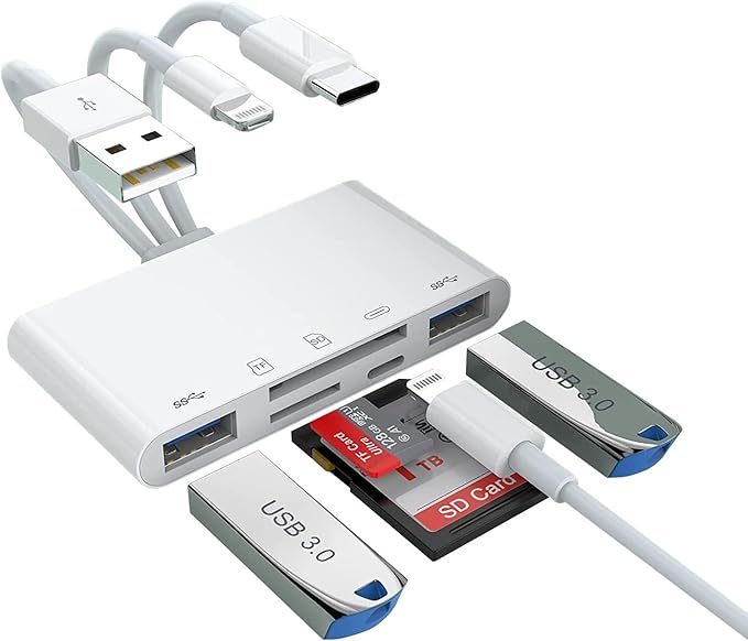 5-in-1 iPhone Memory Card Reader, USB OTG Adapter & SD/TF Card Camera Viewer by esbeecables