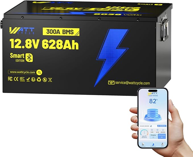 12V 628Ah LiFePO4 Lithium Battery, Built-in Bluetooth 5.0 & 300A BMS, Full by Wattcycle
