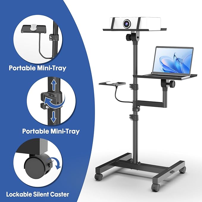 2 Shelves Mobile Projector Stand, Rolling Laptop Stand Adjustable Height to 47 - Image 6