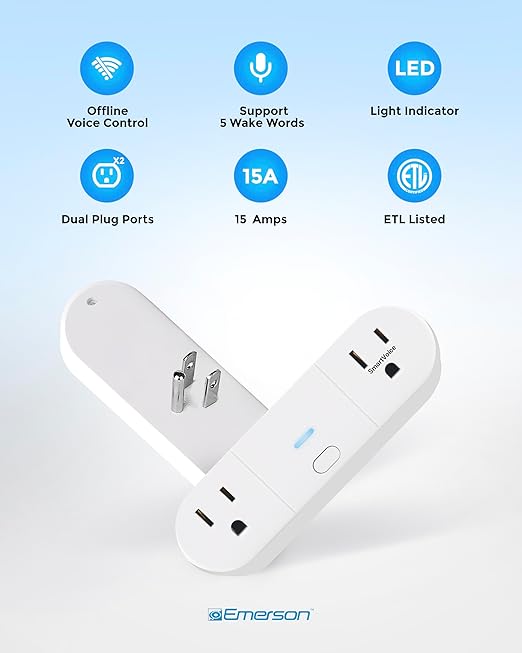 Emerson SmartVoice 2-in-1 Dual Smart Wall Plug Outlet, Voice Control, No WiFi - Image 6