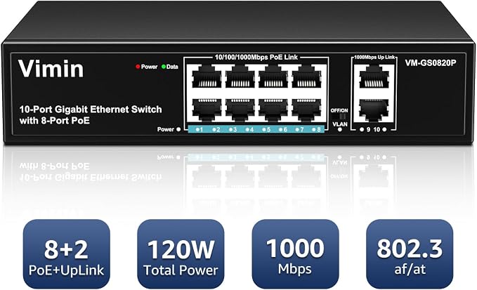8 Port Gigabit PoE Switch with 2 Uplink Gigabit Ports, VIMIN 10 Port Unmanaged - Image 9