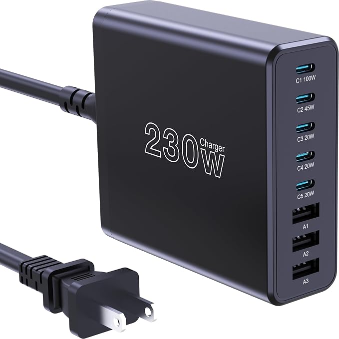 230W USB C Charging Station, Graaci Compact 8 Ports GaN Desktop Charger by Graaci