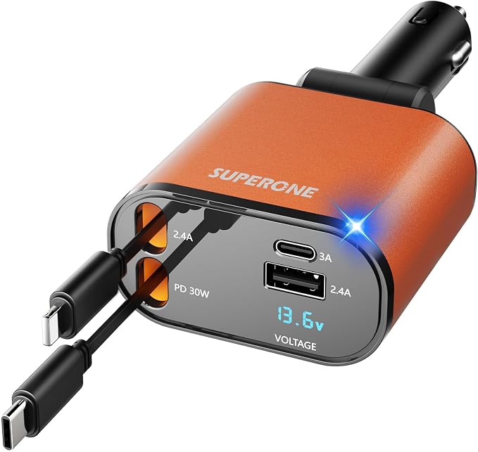 【Upgraded】 SUPERONE Retractable Car Charger 4 in 1, Fast Car Phone Charger by SUPERONE