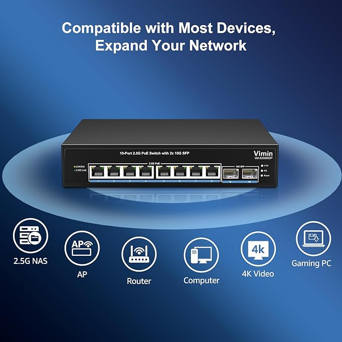 8 Port 2.5G PoE Switch Unmanaged, VIMIN 10x 2.5G Base-T PoE Switch, 2X 10G SFP - Image 3