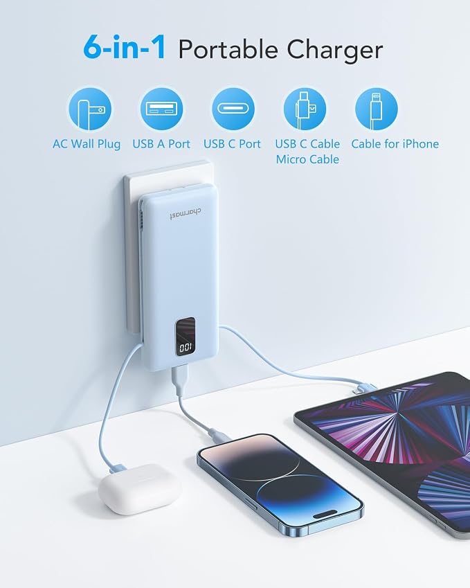 charmast Portable Charger with Built-in Cables & Wall Plug, 10000mAh Portable - Image 2