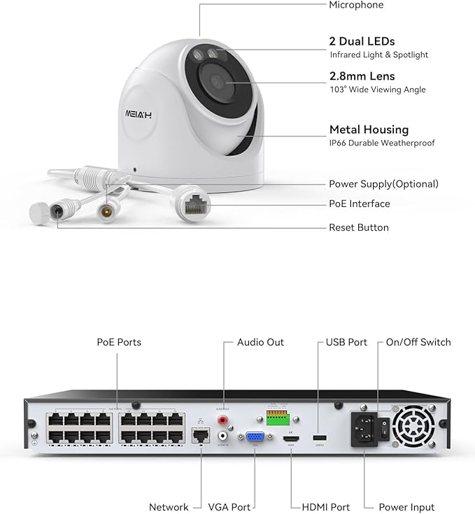 H.VIEW 4K 16 Channel Security Camera System 16Pcs CCTV Camera kit PoE 8MP - Image 6