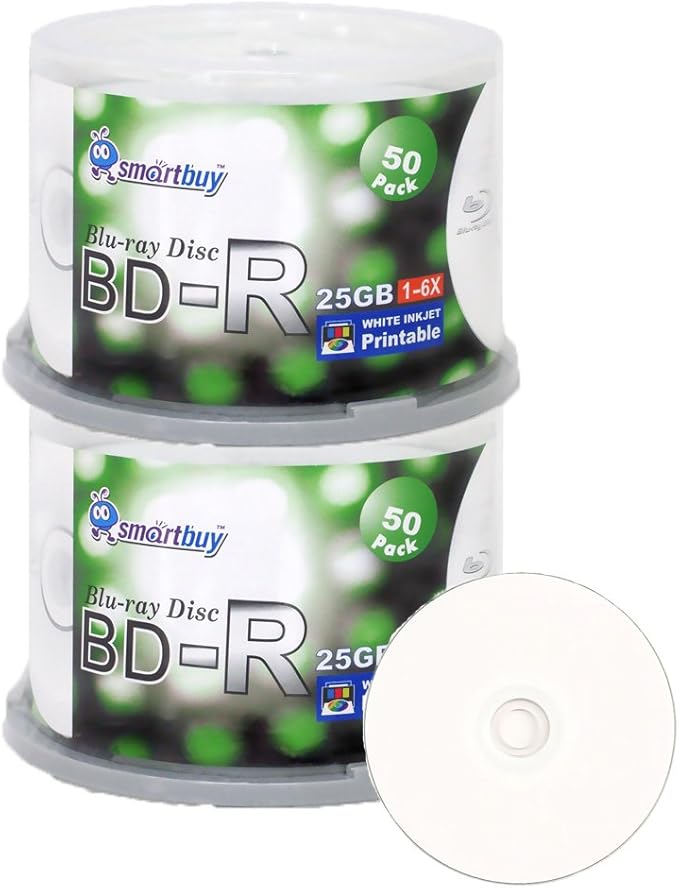 Smartbuy 100 Pack Bd-r 25gb 6X Blu-ray Single Layer Recordable Disc Printable by Smartbuy