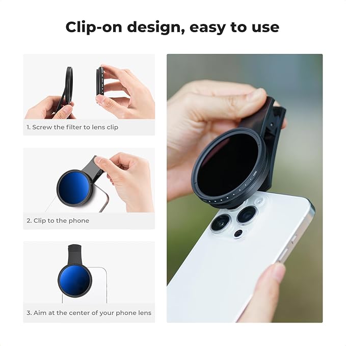 K&F Concept 52mm Clip-on ND2-400 Phone Camera Lens Filter Kit, Adjustable - Image 6