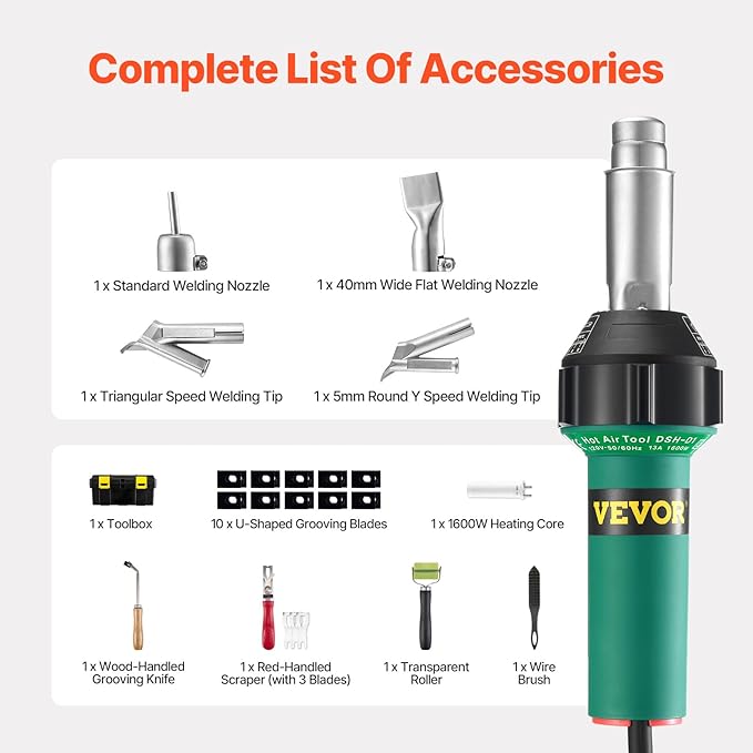 VEVOR Hot Air Plastic Welder, 1600W Hot Air Torch Pistol, 122-1112℉ PVC TPO - Image 6