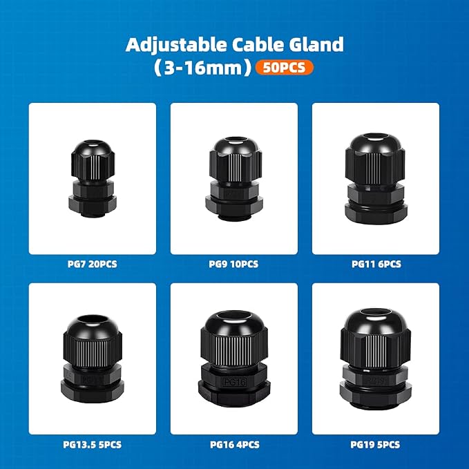 Nylon Cable Gland Kit, CGELE 50 Pack Plastic Waterproof Adjustable Connector - Image 8
