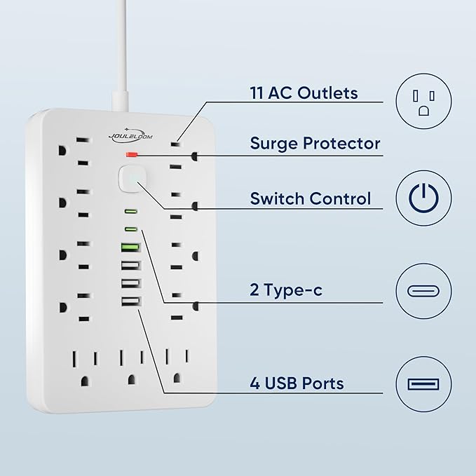 5 FT Flat Plug Surge Protector Power Strip, 11 Multiple AC Outlets - Image 3