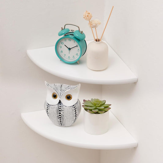 Corner Shelves, Floating Corner Shelf, Set of 2 Solid Oak Wood Wall Shelves, Round End Wall Mount with Wire Hole Shelving for Small Plant for Bedroom Kitchen, Living Room (White, 7.1in 2P)