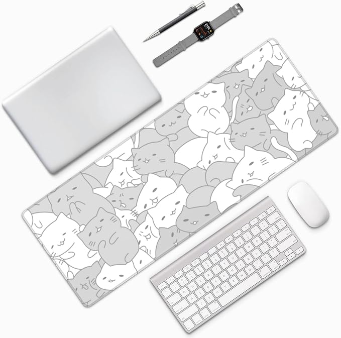 White Kawaii Cats E-Sport Mouse Pad Large Desk Mat Non-Slip Rubber Base - Image 9