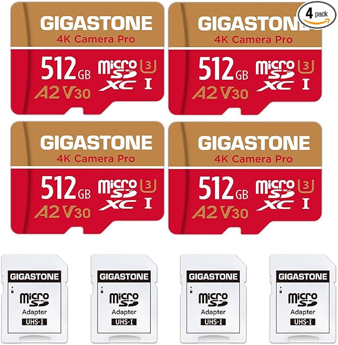 GIGASTONE 512GB Micro SD Card 4-Pack, 4K Camera Pro, A2 V30 Compatible by Gigastone
