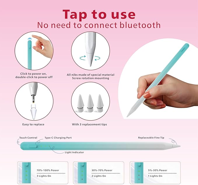 Stylus Pen for iPad, 14Mins Fast Charge for Apple Pencil, Palm Rejection - Image 3