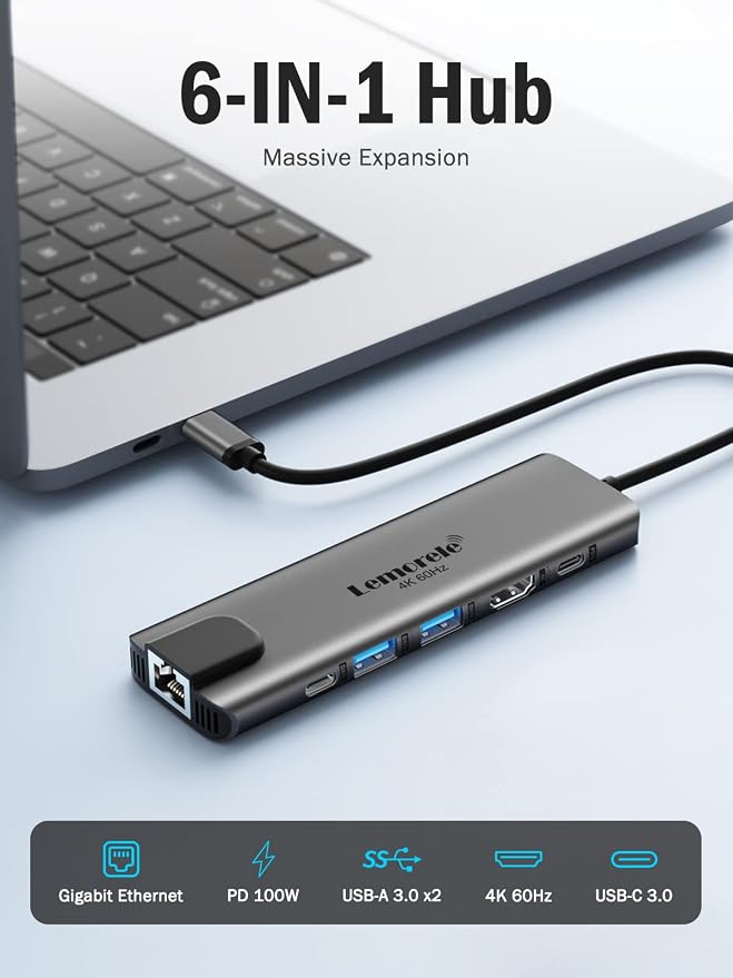 Lemorele USB-C Hub 6-in-1 with 4K@60Hz HDMI, Gigabit Ethernet, 100W Power - Image 2