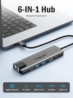 Lemorele USB-C Hub 6-in-1 with 4K@60Hz HDMI, Gigabit Ethernet, 100W Power - Image 2