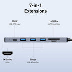 BENFEI USB C HUB 7-in-1 with HDMI, 100W Power Delivery, 3*USB 3.0, SD/TF Card - Image 2