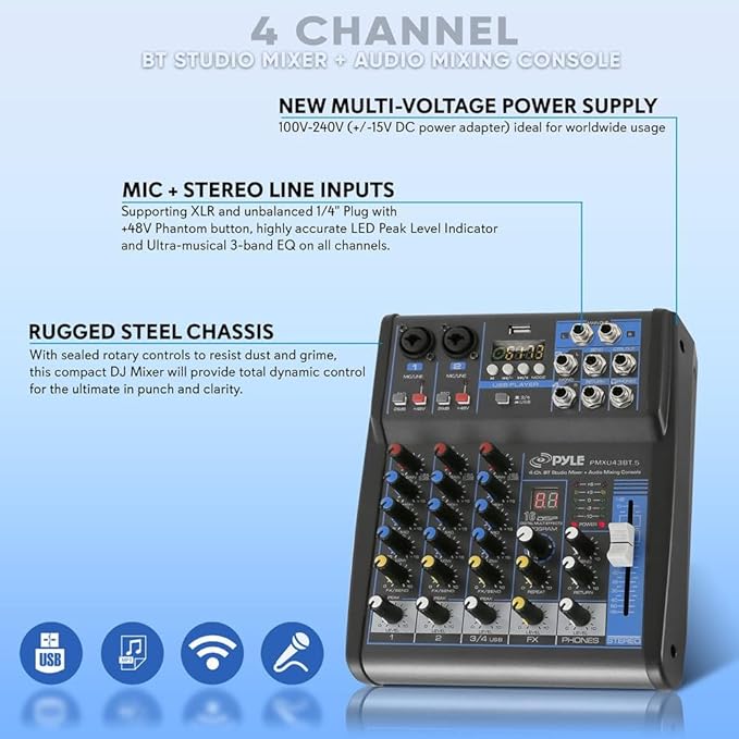 Pyle Professional Audio Mixer Sound Board Console System Interface 4 Channel - Image 8
