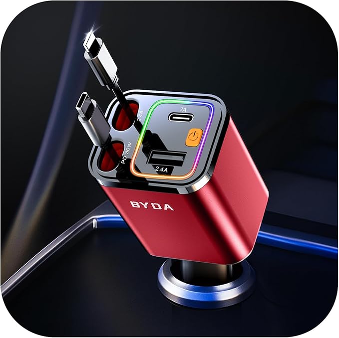 4 in 1 Retractable Car Charger, 69W Car Charger USB C, Cigarette Lighter Adapter by BYDA