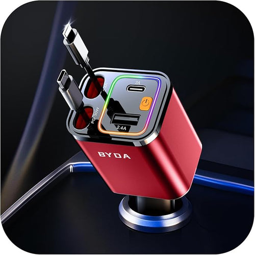 4 in 1 Retractable Car Charger, 69W Car Charger USB C, Cigarette Lighter Adapter by BYDA