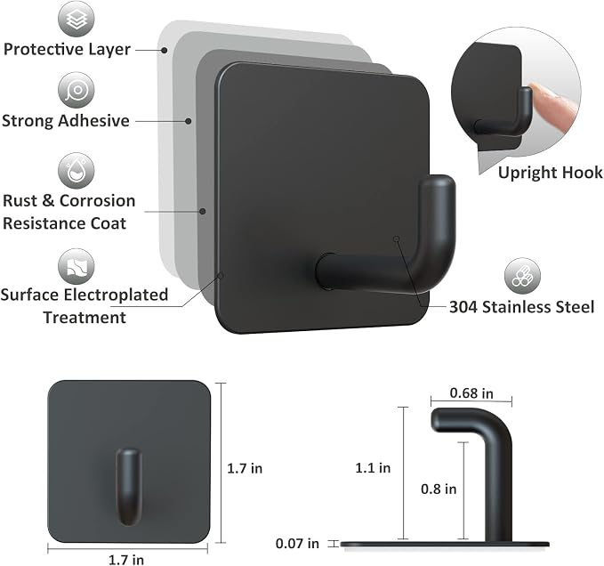 VIS'V Adhesive Hooks, Metal Shower Wall Stick on Hooks, Waterproof, 2 Extra - Image 3