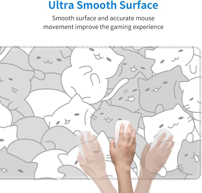 White Kawaii Cats E-Sport Mouse Pad Large Desk Mat Non-Slip Rubber Base - Image 3