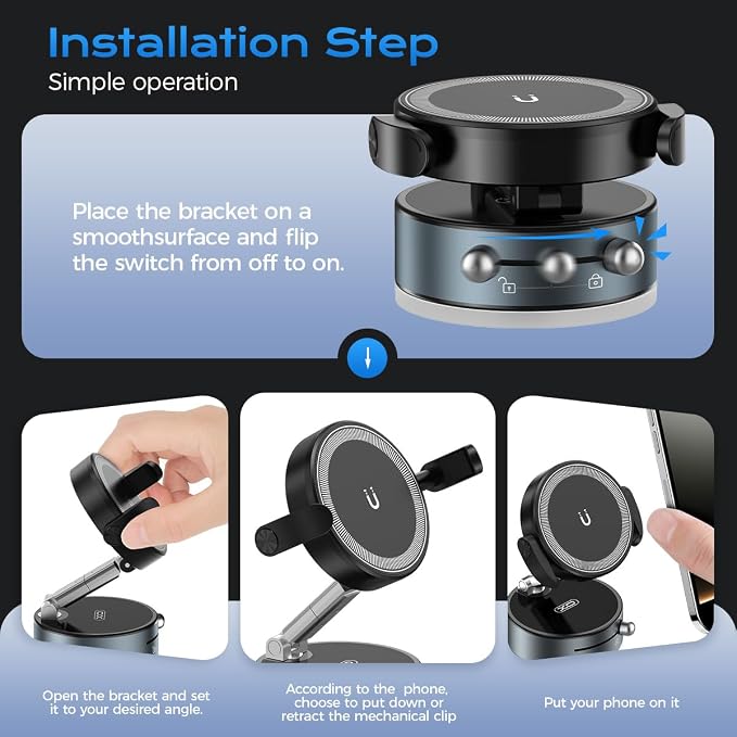 360° Rotation Clip on Car Phone Mount, 2 IN 1 Adjustable Magnetic Car Phone - Image 4