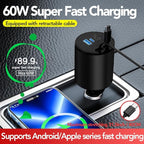 Retractable Car Charger, 4 in 1 Super Fast Car Phone Charger 60W, 2 Retractable - Image 2