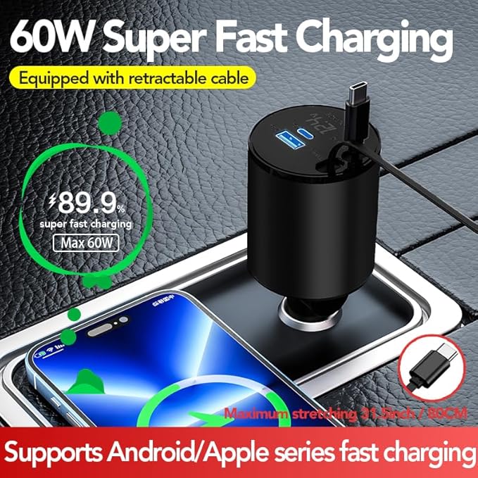 Retractable Car Charger, 4 in 1 Super Fast Car Phone Charger 60W, 2 Retractable - Image 2