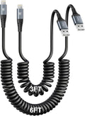 iPhone Charger Cable for Car, Coiled Lightning Cable 2 Pack Lightning Cord by KIYODA