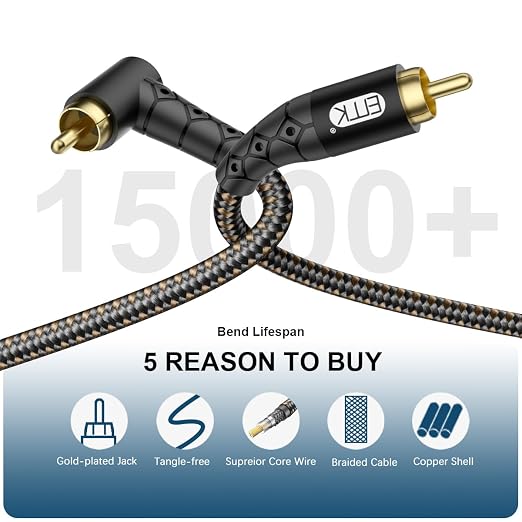 EMK 90 Degree RCA Subwoofer Cable 24K Gold-Plated Connector Nylon Braided - Image 5