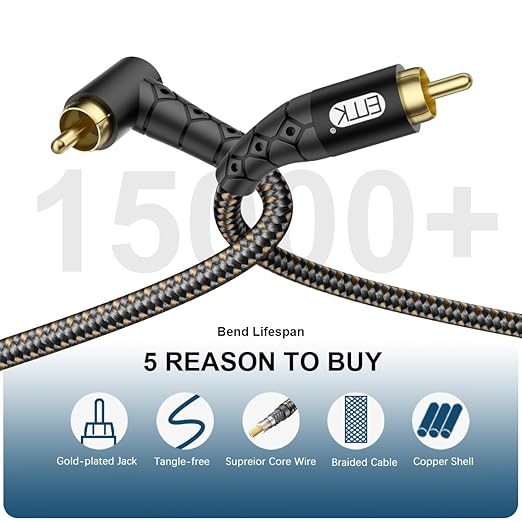 EMK 90 Degree RCA Subwoofer Cable 24K Gold-Plated Connector Nylon Braided - Image 5