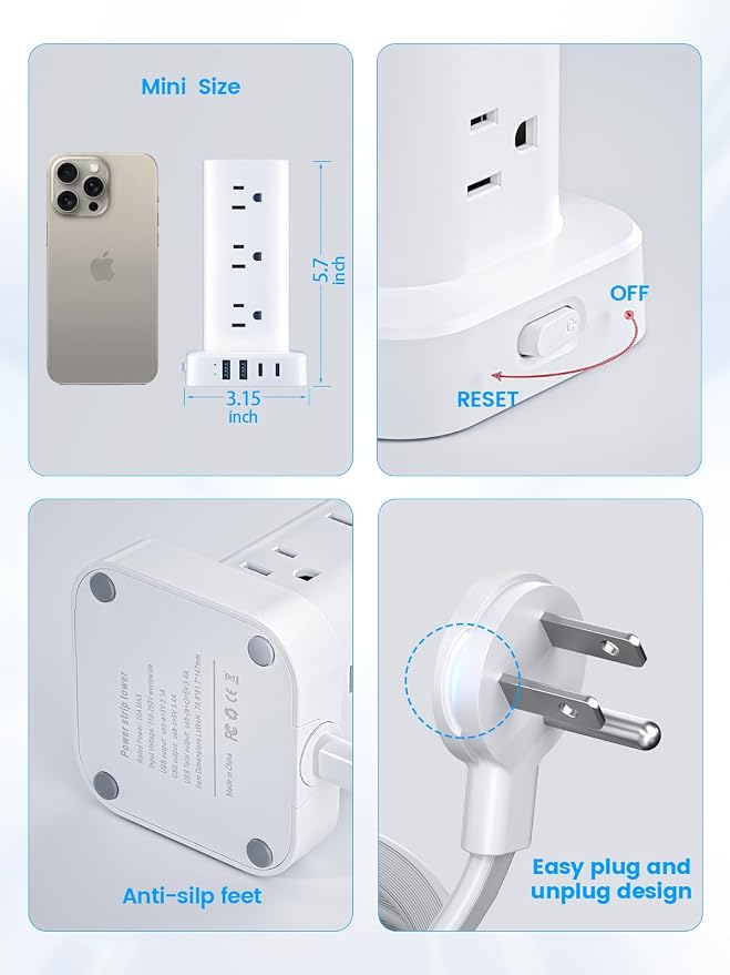 Tower Power Strip with 15W Wireless Charger, 6FT Flat Plug Extension Cord with - Image 7